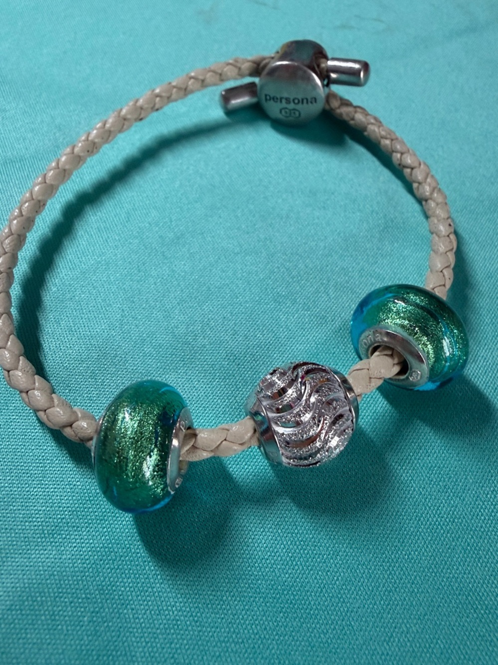 Persona 3 teal/green Murano glass and Silver Charms Beige Leather Bracelet